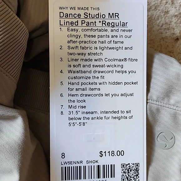 Lululemon Dance Studio MR Lined Pant *Regular In Sheer Oak NWT - Picture 7 of 7